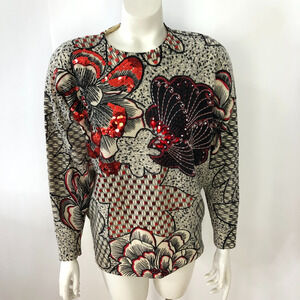 Eminent Medium Beaded Sequin Lambswool Padded Crew Pullover Sweater Ivory HRJ